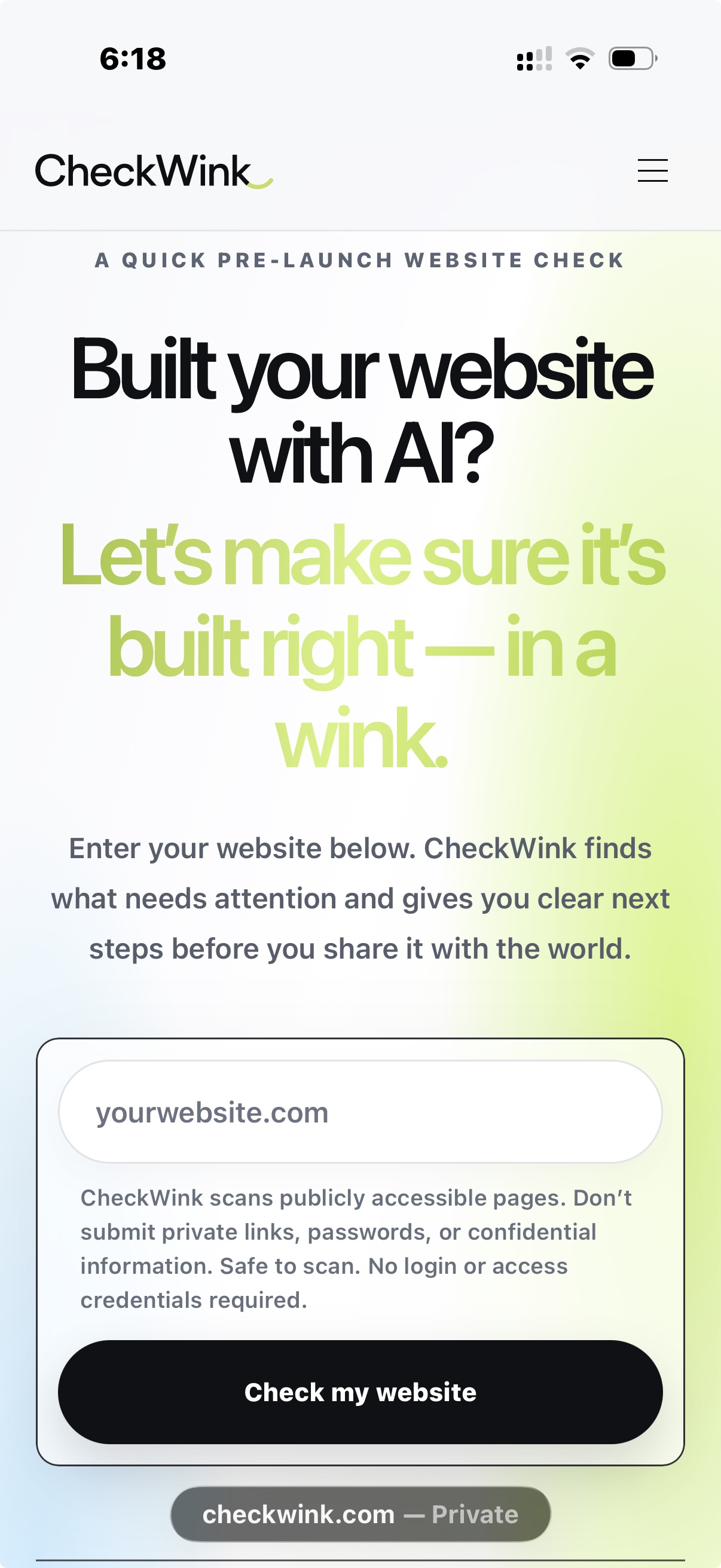 CheckWink mobile website showing its pre-launch website check